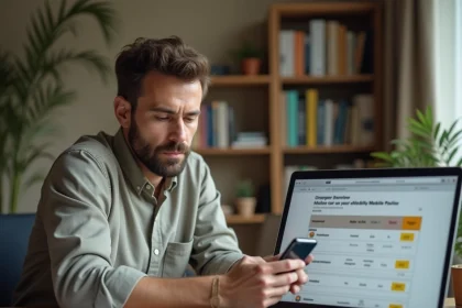 Homme comparant des offres de forfaits mobiles sur smartphone et ordinateur pour résilier son contrat Free Mobile