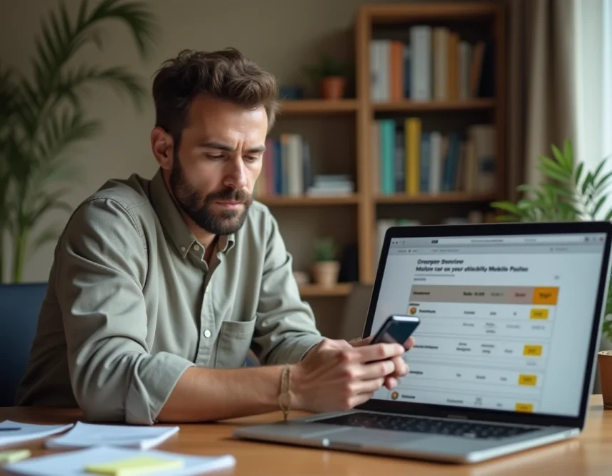 Homme comparant des offres de forfaits mobiles sur smartphone et ordinateur pour résilier son contrat Free Mobile