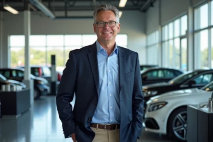 Manager automobile en bureau moderne avec bays visibles