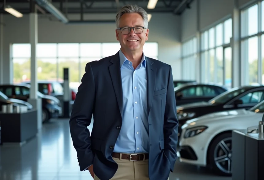 Manager automobile en bureau moderne avec bays visibles