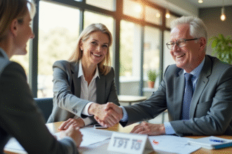 Seniors souriants en accord avec un recruteur dans un bureau moderne