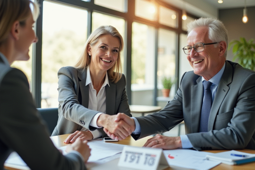 Seniors souriants en accord avec un recruteur dans un bureau moderne