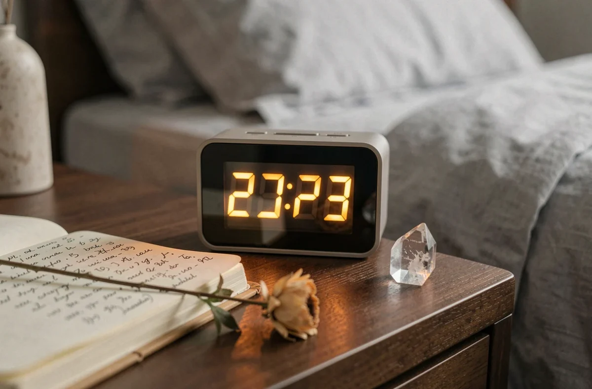 Gros plan d'un réveil numérique affichant 23h23 posé sur une table de nuit avec un journal de numérologie et un cristal, évoquant la spiritualité des heures miroirs