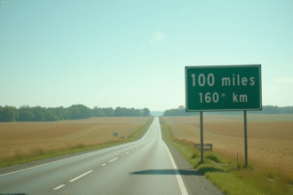 Route rurale droite avec panneau distance 100 miles