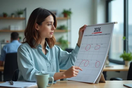 Salariée consultant un calendrier des jours fériés 2026 dans un bureau moderne