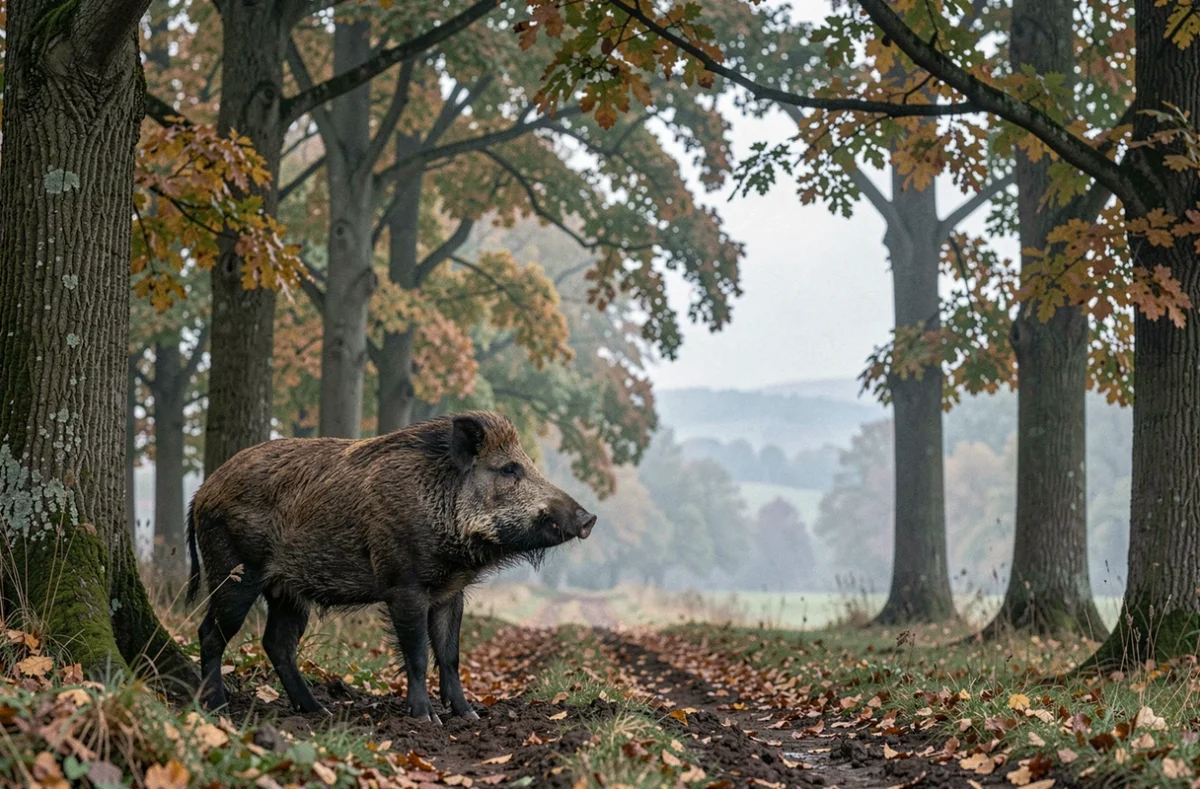 Un sanglier sauvage au bord d'une forêt française automnale, évoquant l'univers d'Astérix et la campagne virale sanglier danger
