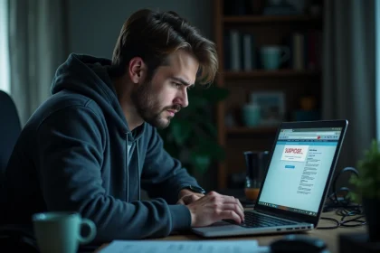 Homme inquiet face à une alerte de sécurité sur son ordinateur portable, illustrant les risques des sites de streaming illégaux comme mangaforfrree