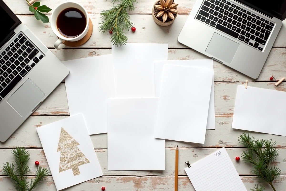 Vue aérienne d'une sélection de cartes de Noël imprimées religieuses et laïques avec ordinateur portable et café