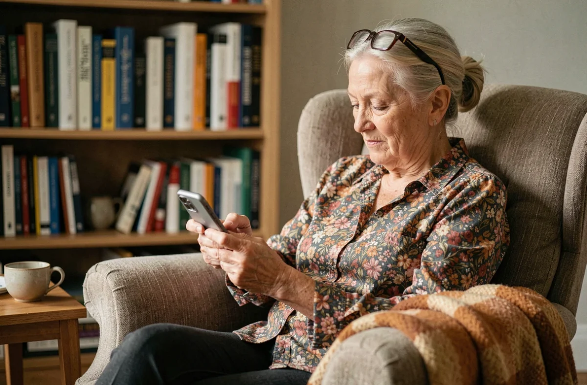 Femme senior cherchant un numéro de téléphone via l'annuaire 118 712 sur son mobile à domicile