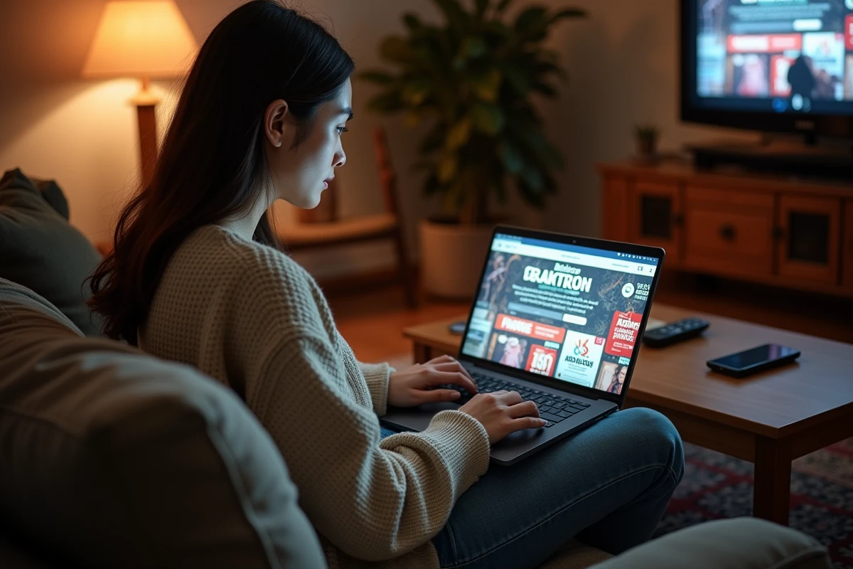 Femme naviguant sur un site de streaming manga saturé de publicités intrusives et de boutons de téléchargement trompeurs