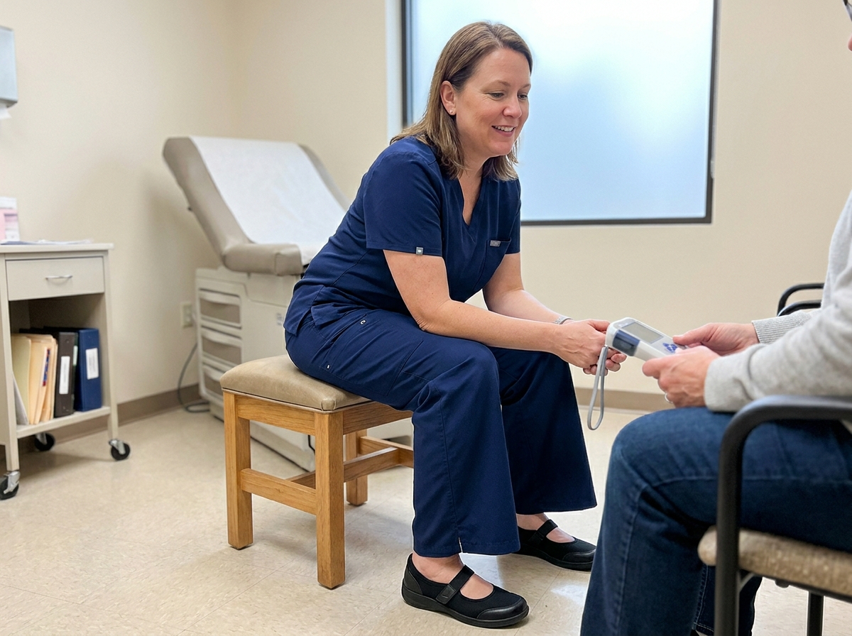 Soignante atteinte de lipoedème en consultation médicale assise sur un tabouret dans un cabinet de santé