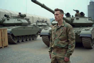 Soldat français en uniforme camouflage près d'un char Leclerc