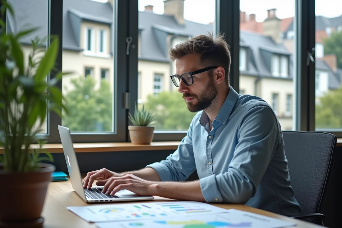 Statisticien à son bureau à Rennes avec graphiques et cartes