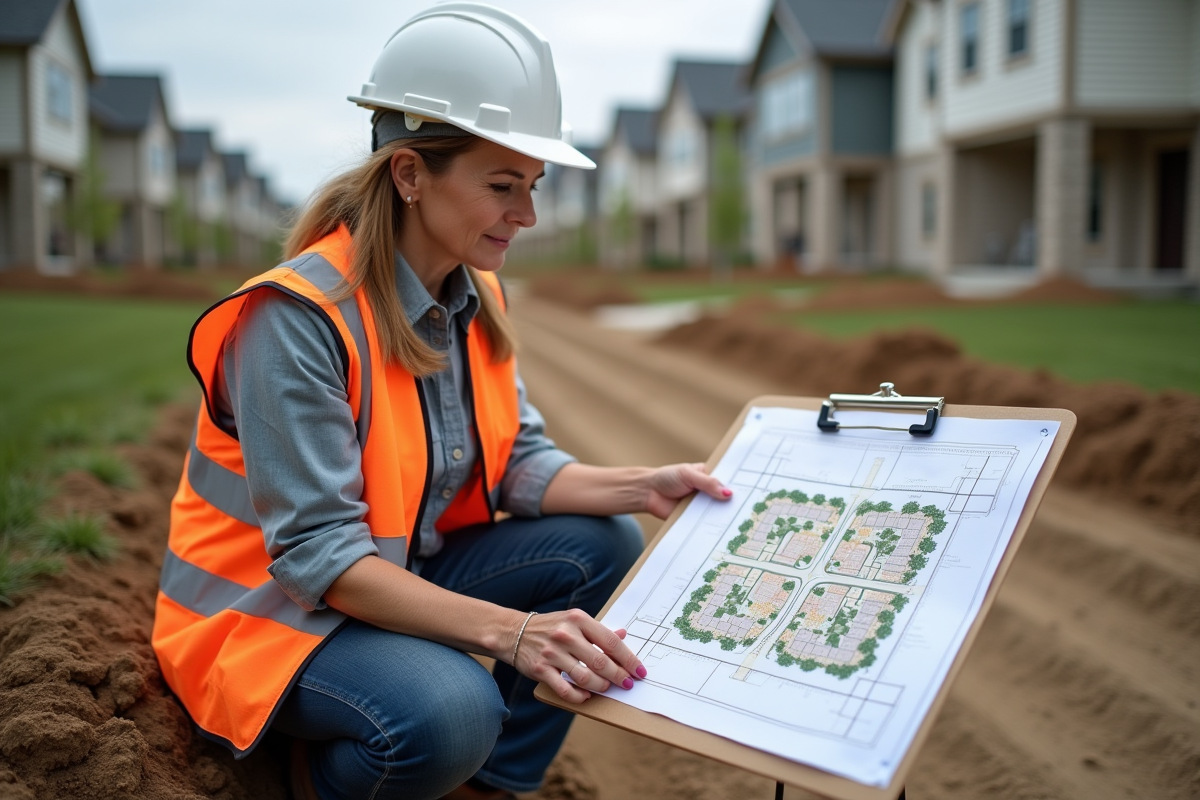 Femme géomètre étudiant un plan de zonage sur un chantier