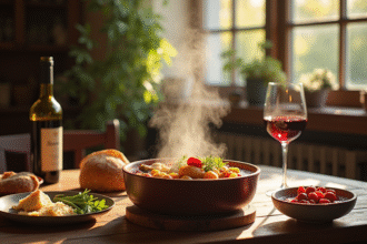 Table rustique avec carbonade flamande et vin rouge