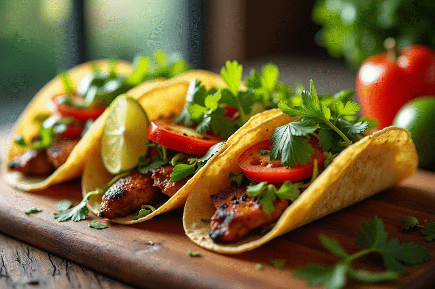 Tacos frais avec légumes et viande grillée sur une table en bois