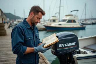 Technicien maritime inspectant le moteur d'un bateau Aunis Motonautic en suivant le planning d'entretien du fabricant dans une marina française