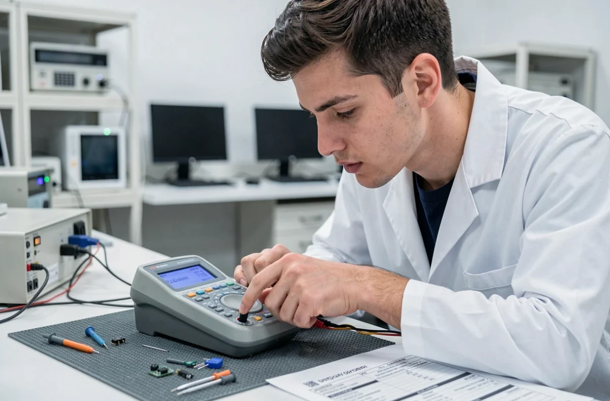 Technicien en laboratoire analysant l'écran d'un multimètre de précision pour choisir les bonnes fonctions