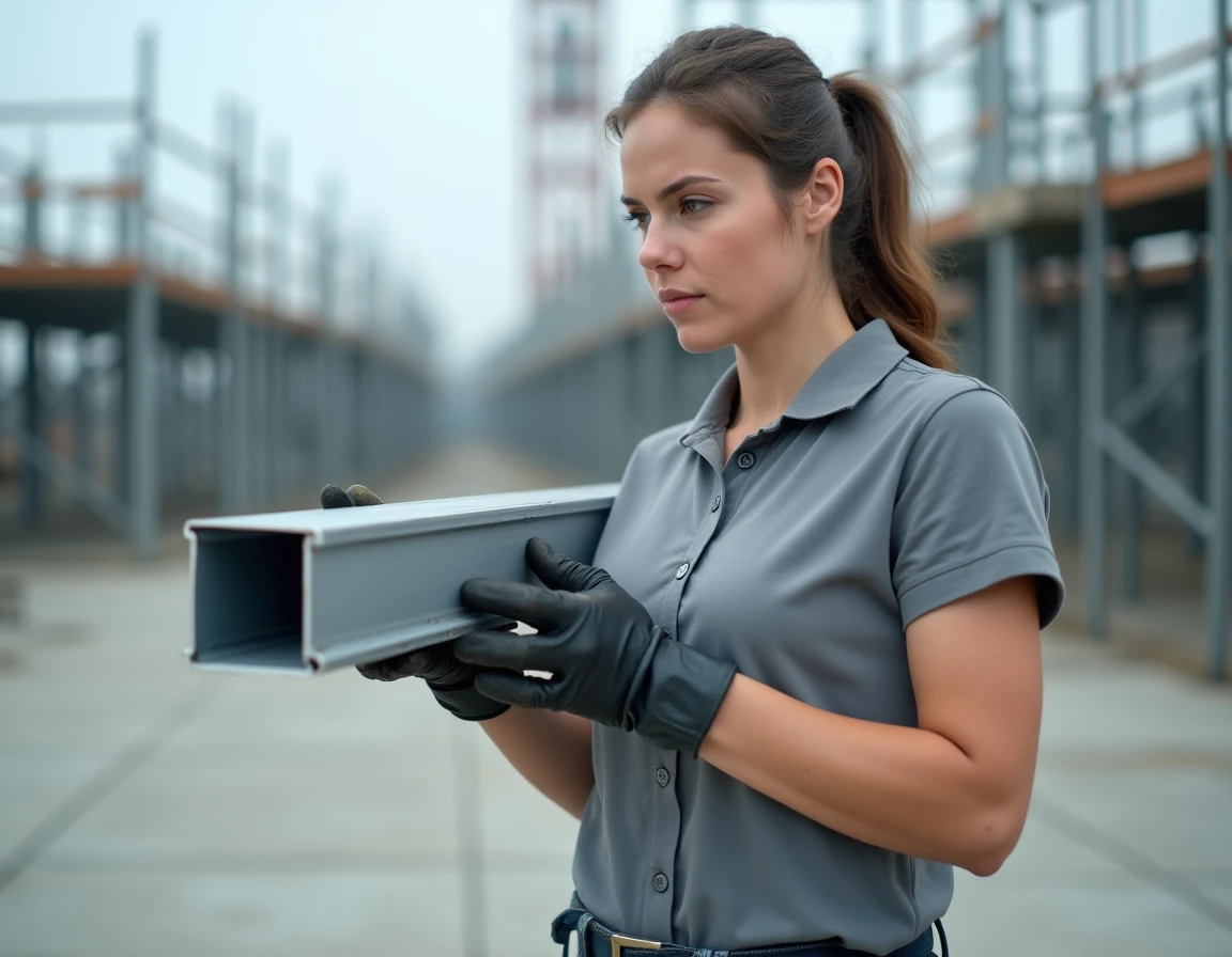 Technicienne comparant des tubes carrés en aluminium de différentes épaisseurs sur un chantier de construction
