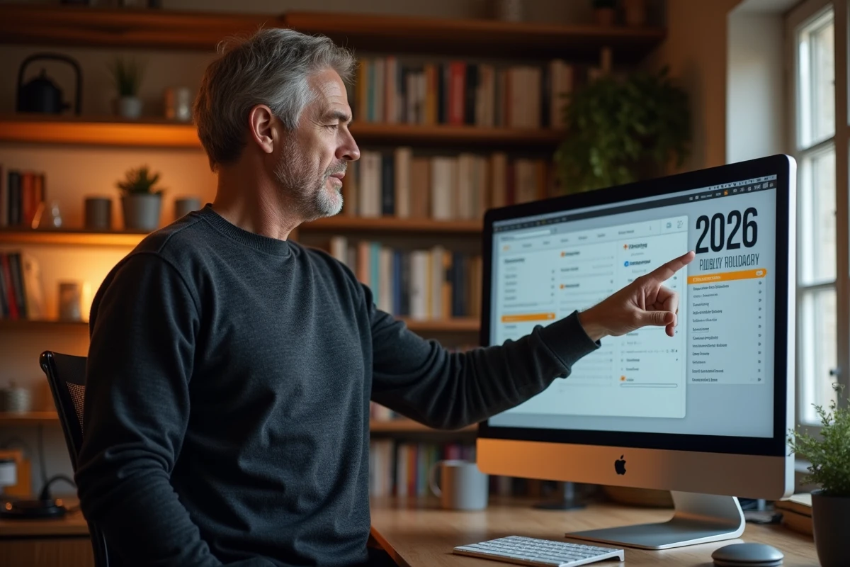Homme en télétravail consultant le calendrier des jours fériés et RTT 2026 sur ordinateur
