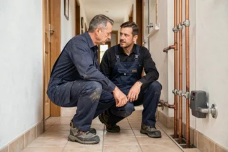 Plombier professionnel travaillant sur des canalisations en cuivre dans un couloir résidentiel alsacien, représentant les meilleurs plombiers du Haut-Rhin