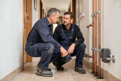 Plombier professionnel travaillant sur des canalisations en cuivre dans un couloir résidentiel alsacien, représentant les meilleurs plombiers du Haut-Rhin