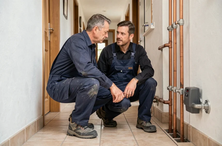 Plombier professionnel travaillant sur des canalisations en cuivre dans un couloir résidentiel alsacien, représentant les meilleurs plombiers du Haut-Rhin