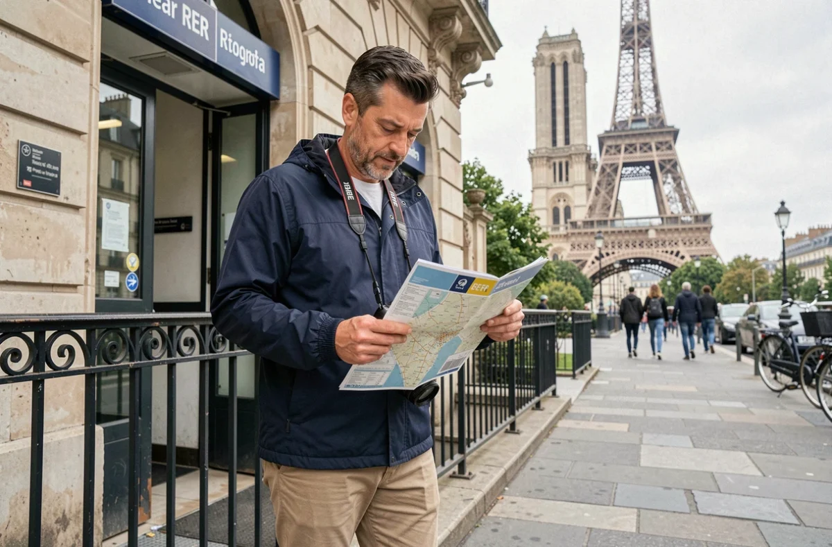 Touriste avec carte RER sortant d'une station près d'un monument parisien