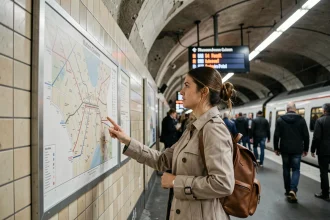 Touriste consultant le plan du RER sur le quai d'une grande gare parisienne