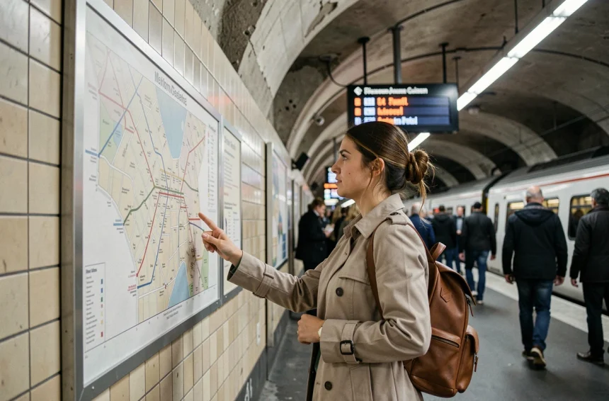 Touriste consultant le plan du RER sur le quai d'une grande gare parisienne