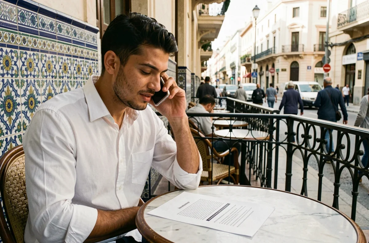 Homme marocain consultant un document de traduction français-darija dans un café traditionnel de Casablanca