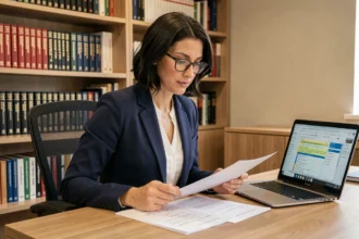 Traductrice professionnelle travaillant sur des documents en français et en arabe marocain dans un bureau moderne