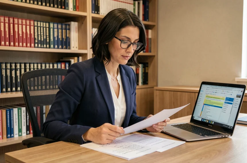 Traductrice professionnelle travaillant sur des documents en français et en arabe marocain dans un bureau moderne
