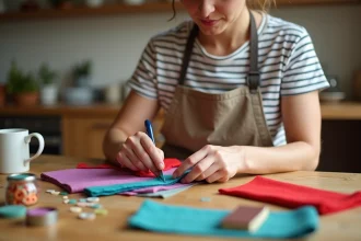 Femme adulte réalisant des travaux manuels avec du feutre et de la colle sur une table en bois rustique à petit budget