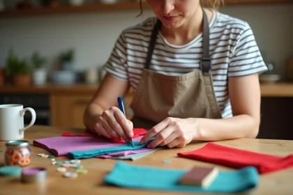 Femme adulte réalisant des travaux manuels avec du feutre et de la colle sur une table en bois rustique à petit budget
