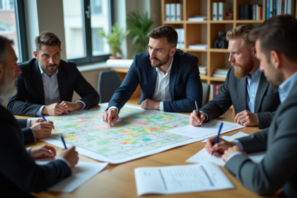 Groupe d urbanistes discutant d un plan de zonage en réunion
