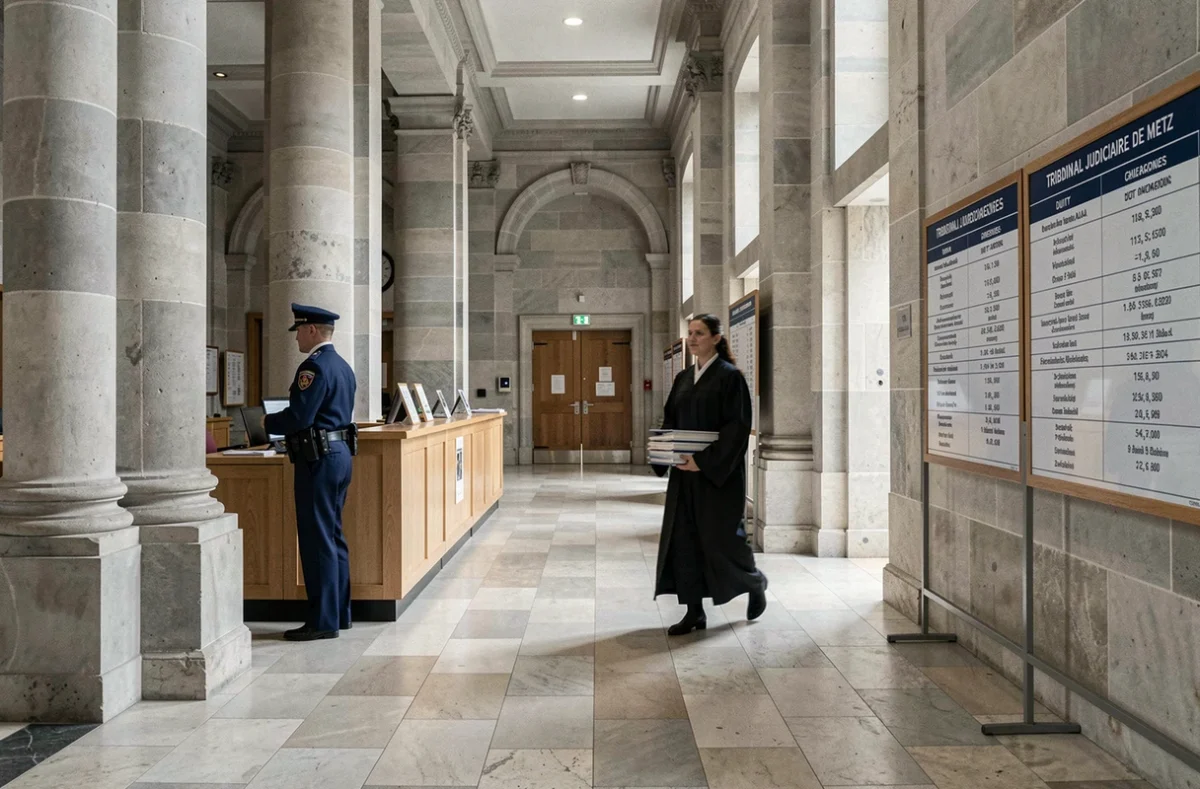 Hall d'entrée du Tribunal Judiciaire de Metz avec avocat en robe lors d'une permanence pénale