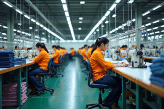 Intérieur d une usine textile moderne avec machines et ouvriers