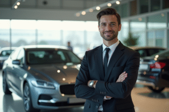 Vendeur automobile professionnel devant une berline haut de gamme