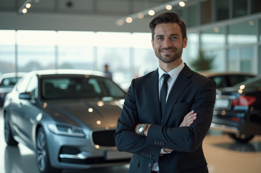 Vendeur automobile professionnel devant une berline haut de gamme