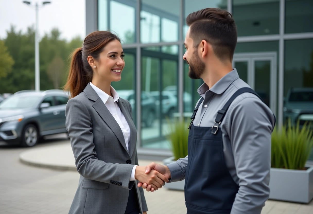 Femme franchisee serrant la main d un technicien en concession