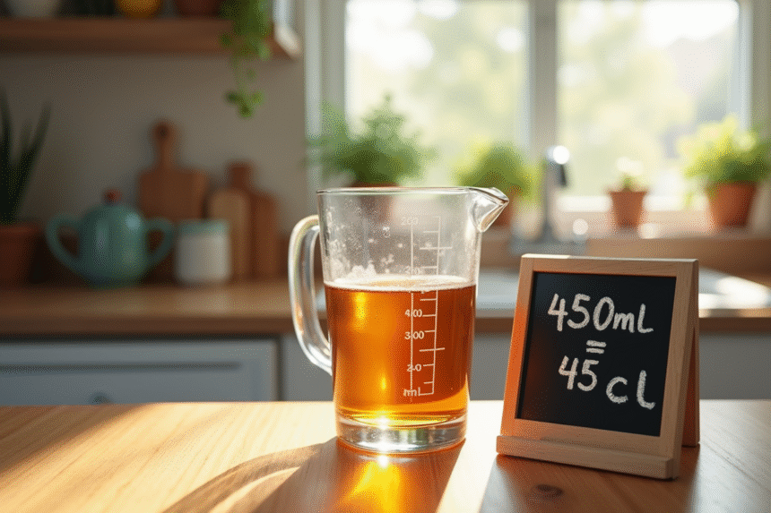 Verre mesure de 450 ml sur plan de travail en bois