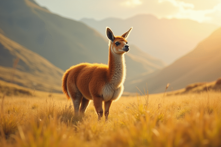 Vicuña dans un pré andin en plein soleil