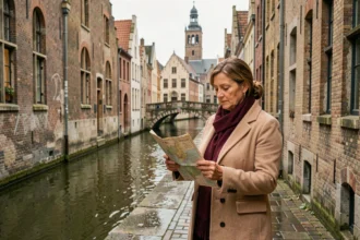 Rue pavée typique d'une ville belge avec canal et architecture gothique flamande