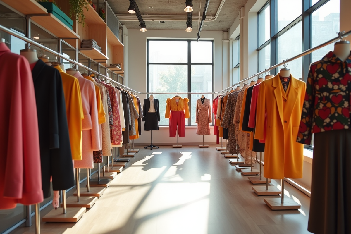Vitrine de magasin de mode rapide avec vêtements et mannequins