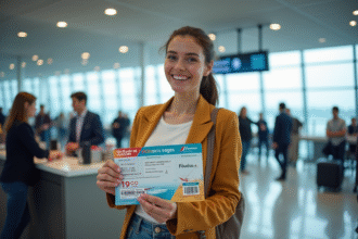 Voyageur souriant à l'aéroport avec billet Air France et chèque vacances