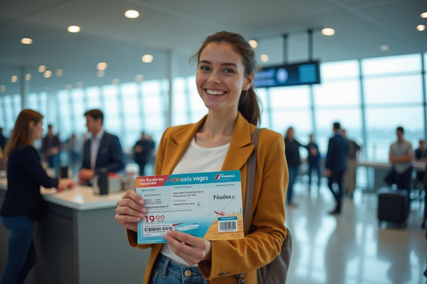 Voyageur souriant à l'aéroport avec billet Air France et chèque vacances