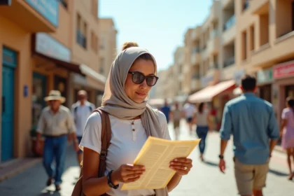 Femme voyageuse regardant une carte à Hurghada