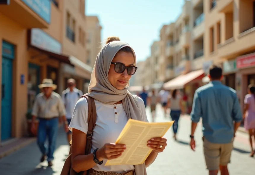 Femme voyageuse regardant une carte à Hurghada